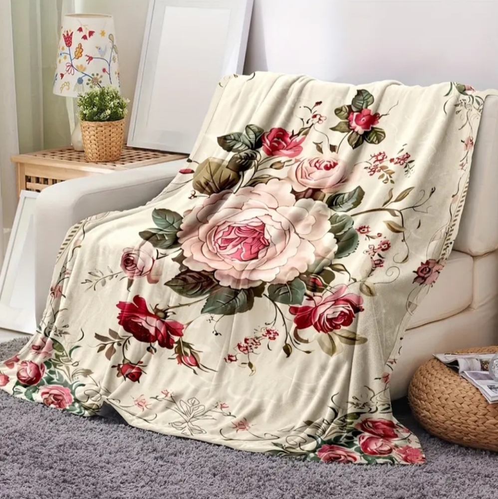 Vintage Victorian Rose Floral Pink &Cream Flannel Throw Blanket Mothers Day Gift